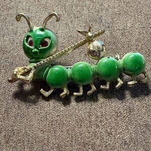 Vintage Cute Green Caterpillar Hobo Brooch with Gold Accents